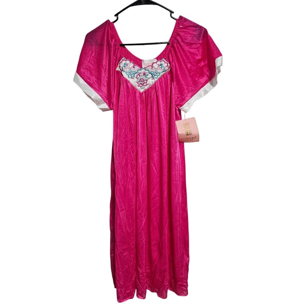 Vintage Carriage Court Fuchsia Nightgown One Size Embroidered Long Pajamas Pjs
